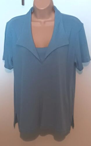 Patra Blue Pure Silk Top Homespun Texture of Knitted Noil Silk M/L Short Sleeves - Foto 1 di 1