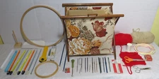 Vintage Mid Century Folding Sewing Caddie Box Filled With Notions Yarn Crochet