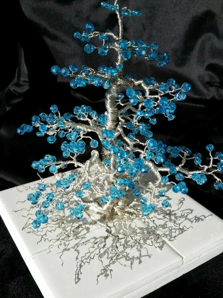 Decoración del hogar alambre con cuentas árbol bonsái cuentas de cristal azul y alambre de plata Foto 4 de 4