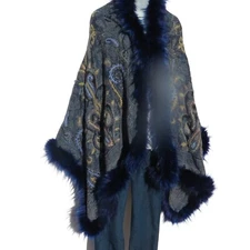 Yak+Sheep Wool Blend|Cape|Wrap|Handcrafted|Handloomed|Faux Fur|Blue / Light Blue