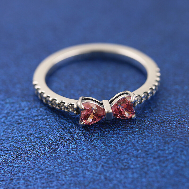 NEW 100% Authentic 925 Sterling Silver Sparkling Pink CZ Bow Ring DIY Gift