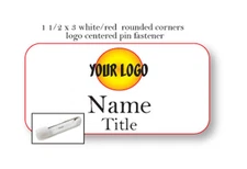1 WHITE RED NAME BADGE COLOR LOGO CENTERED 2 LINES OF IMPRINT PIN FASTENER