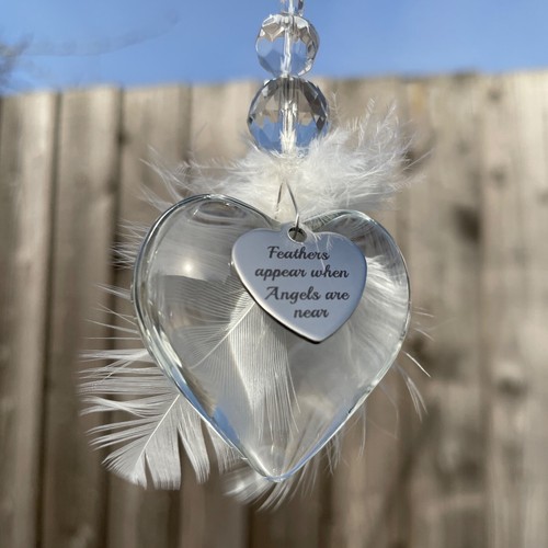 New Feathers appear when Angels are near ~ Sun Catcher ~ Glass Heart ~ Memorial - Picture 5 of 12