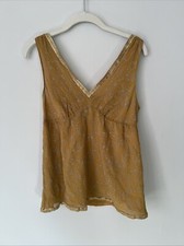 Vintage Limited Womens Beige Yellow Chiffon Babydoll Tank Gold Trim Fairy Y2K M