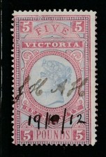 VICTORIA  £5 Pale-Blue and Maroon Fiscally used