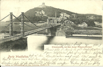 Postcard Porta Westfalica Weser - suspension bridge, cargo ship, Kaiser Wilhelm -1902 used