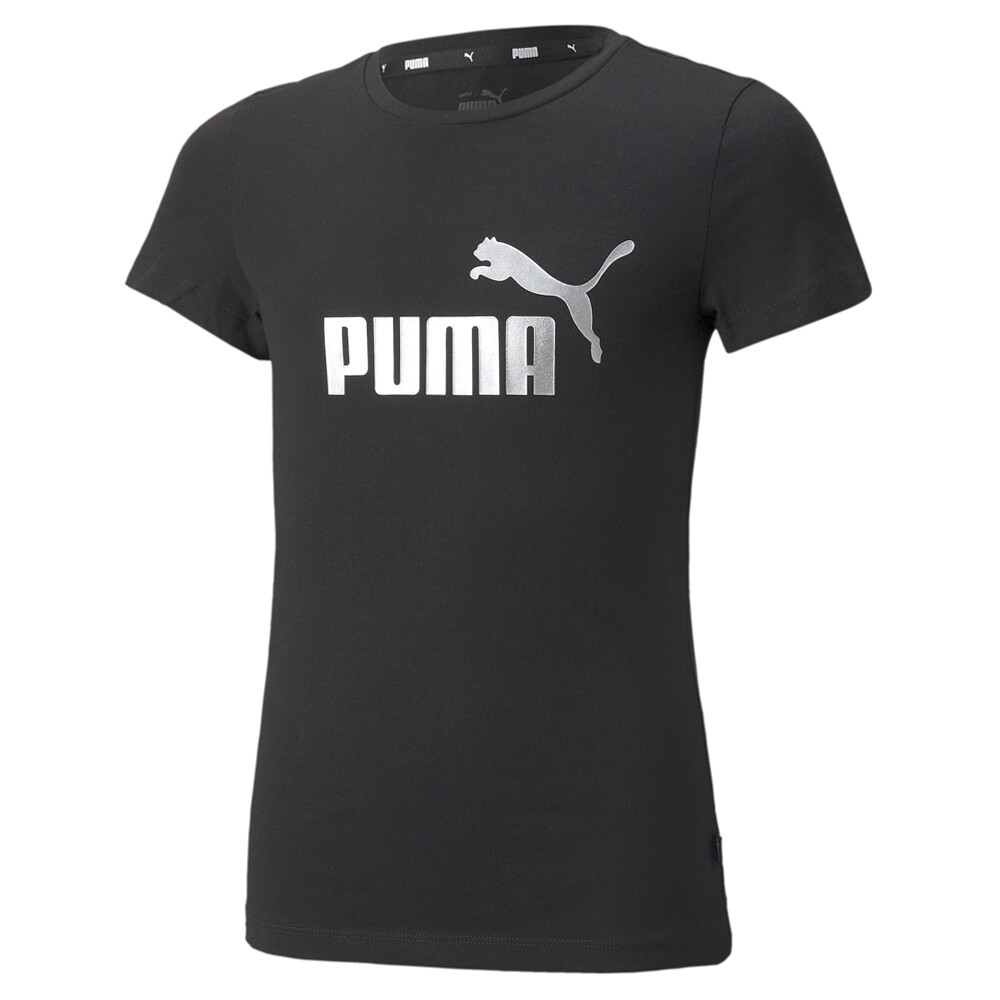 Футболка с круглым вырезом и коротким рукавом с логотипом Puma Essentials+ Черная повседневная футболка для молодежных девушек