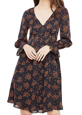 NEW ANN TAYLOR NAVY BLUE BOUQUET SMOCKED CUFF FLORAL LONG SLEEVE DRESS SZ 4