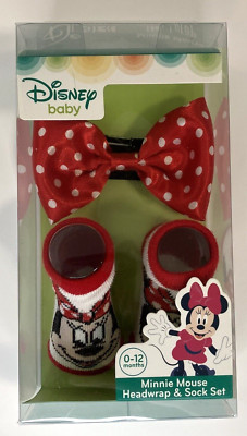 Disney Baby Minnie Mouse Red Polka Dot Headwrap Bow and Sock Set 0-12 mo. in Box