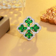 Fashion Green Leaf Cubic Zirconia Silver Plated Ring for Women Prom Jewelry Gift