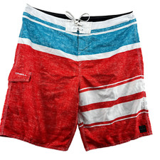O'Neill Men's Size 38 Red Striped Draw String Beach Swim Board Shorts