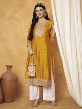 Yellow Women Kurta Embroidered Silk Blend Bollywood Kurti Top Tunic Dress NEW
