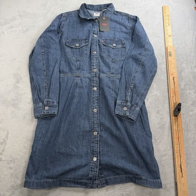 New Levi s Ellie Denim Dress Snap Buttons Womens Large Blue Western Cotton