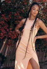 FREE PEOPLE Kokomo Peach Midi Tank Dress Ruched Side Slit Cotton Blend Size Med