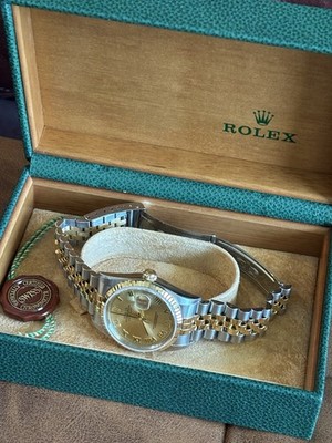 Rolex Datejust 36mm 18K Yellow Gold Steel Champagne Roman Dial Mens Watch 16233