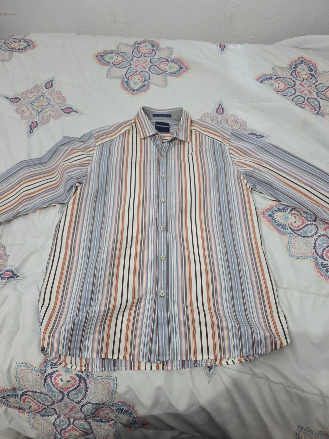 Tommy Bahama Shirt Men's Size M Brown Striped Button Down Collared Long Sleeve