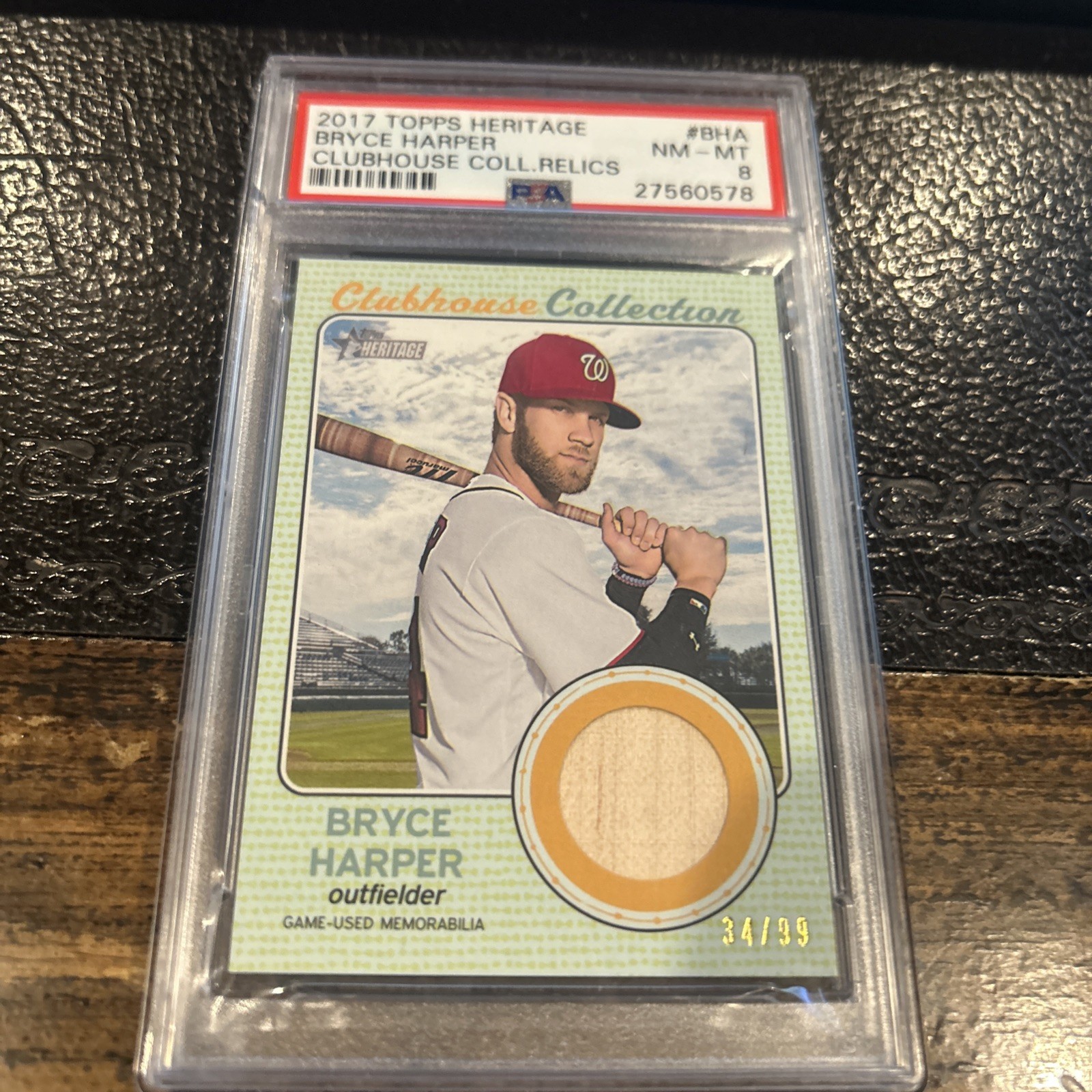 2017 TOPPS HERITAGE CLUBHOUSE RELICS BHA BRYCE HARPER GOLD 34/99 Jersey # PSA 8 view 1