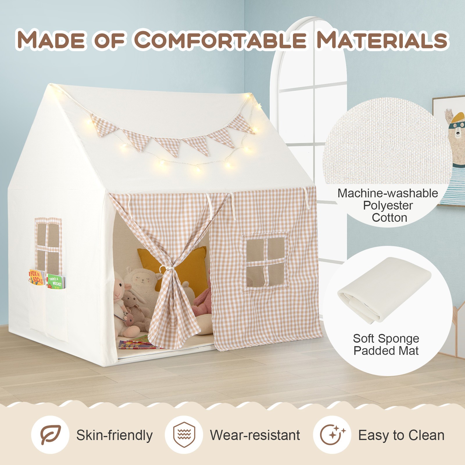 Kids Play Tent Large Playhouse w/ Padded Mat 2 Breathable Windows Star Lights