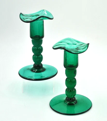 Pair of Vintage Blenko Glass Candlesticks #3747 - Sea Green