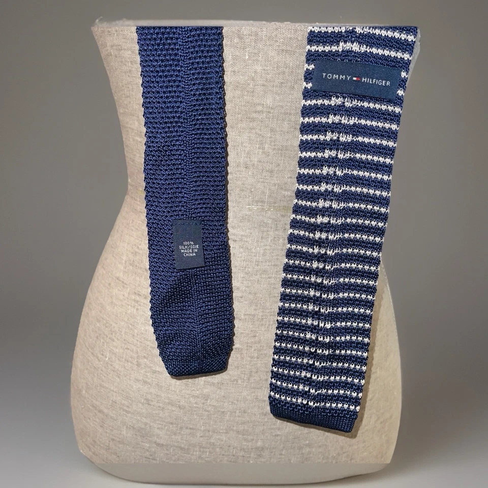 Corbata Tommy Hilfiger 100 % seda tejida de extremo cuadrado azul marino y blanco a rayas preppy Foto 4 de 4