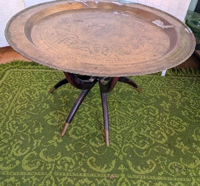 Vintage Mid Century Morrocan Brass Top Table Collapsible Spider Legs 30''