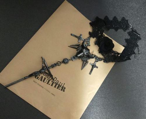 Jean Paul Gaultier Rose Kreuz Halskette Schwarz Silber Gold Karma Büffel Vintage - Bild 11 von 11