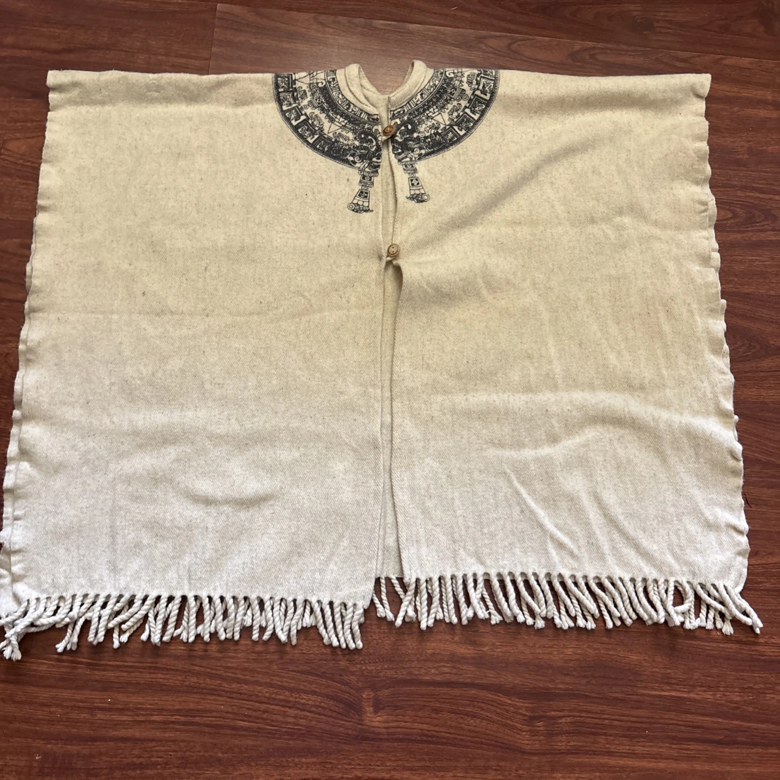 Vintage Mayan Calendar Poncho Cape Cream Wool Fringe Rustic Ethnic