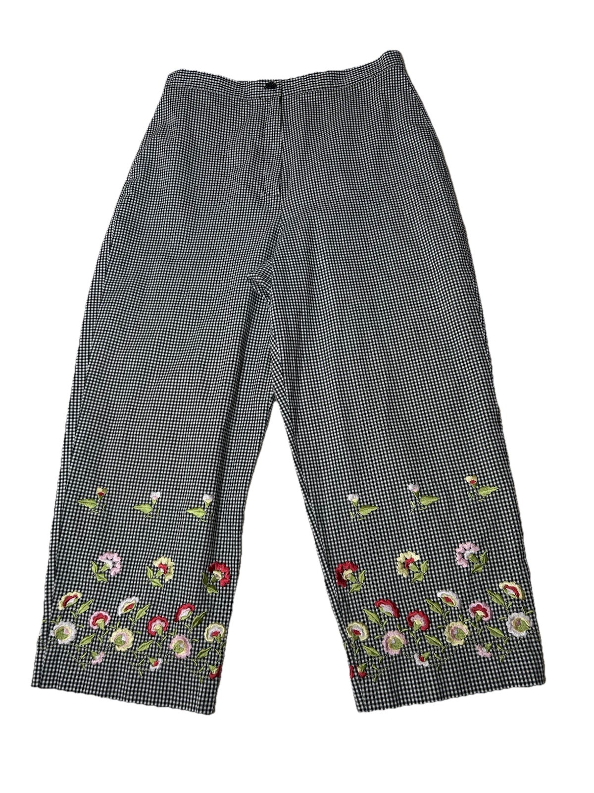 Larry Levine Picnic Plaid Pants Embroidered Floral Women Size 12 Black White