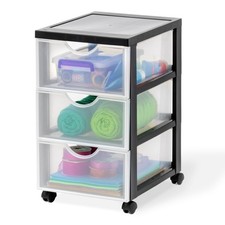 , Tour de rangement à Roulettes en Plastique, 3 Tiroirs Moyens, Noir, Ouvertu...