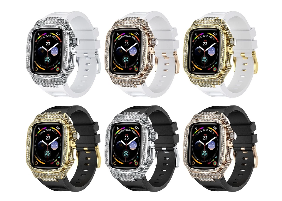 Lujosa correa con estuche de diamantes para Apple Watch Series 11 10 9 8 SE 46/45/44 mm kit mod Foto 2 de 4