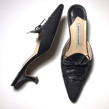 Manolo Blahnik Y2K Vintage Corset Lace Up Black Canvas Leather Pointed Mule 37.5