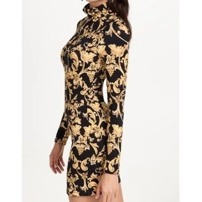 Alice Olivia Delora Florence Scroll Mock Neck Long Sleeve Mini Dress Size 10