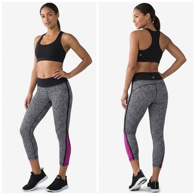 Lululemon Run Inspiring Crop Leggings Black White Static Pink Mesh Size 6