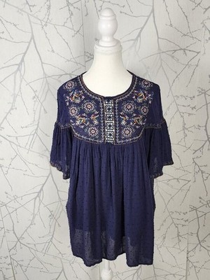 Lemon Ginger Midnight Blue Ethnic Embroidered Flowy Bohemian Top | Women's M