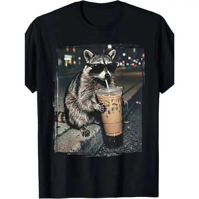 Funny Raccoon Iced Coffee Meme T-Shirt   Retro Graphic Tee for Men & Women