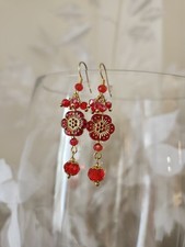 Gold Plated Red Crystal Daisy Cherry Blossom Flower Drop Earrings Handmade OOAK