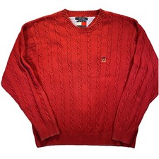 Tommy Hilfiger Sweater 2XL Red Cable Knit Cotton Crewneck Pullover Fisherman 90s