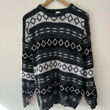 Vintage 80s Black Grey Green Diamond Jumper Mens Size L Joeys Casuals Acrylic