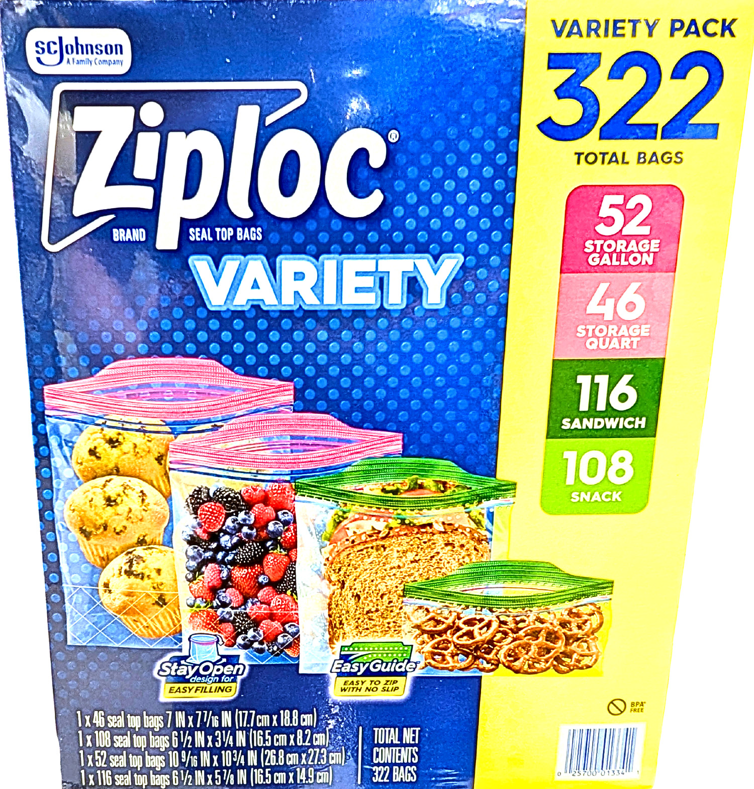 Ziploc Seal Top Bags Variety Pack Gallon Quart Sandwich Snack Sizes 322 Count