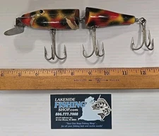 VINTAGE 7" CREEK CHUB PIKIE JOINTED WOODEN MUSKIE FISHING LURE FROG PATTERN 