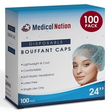 MEDICAL NATION 24" Disposable Bouffant Caps Hair Net 100 Pack, Blue Non-W...