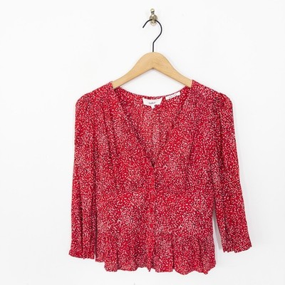 ba&sh Bluse rot V-Ausschnitt Gr. S UK 8 10 ditsy bedruckt 3/4 Arm geknöpft Shirt