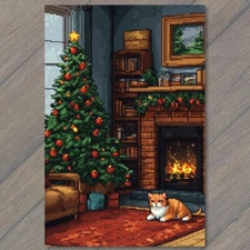 POSTCARD Festive Cats Christmas Tree Cozy Living Room Holiday Fireplace 8 Bit