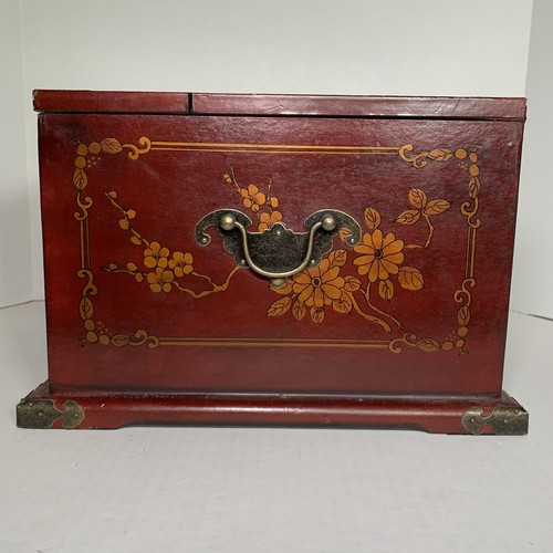 Chinese Oriental Red Flower Birds Rectangular Jewelry Box Vanity Mirror - Picture 3 of 11
