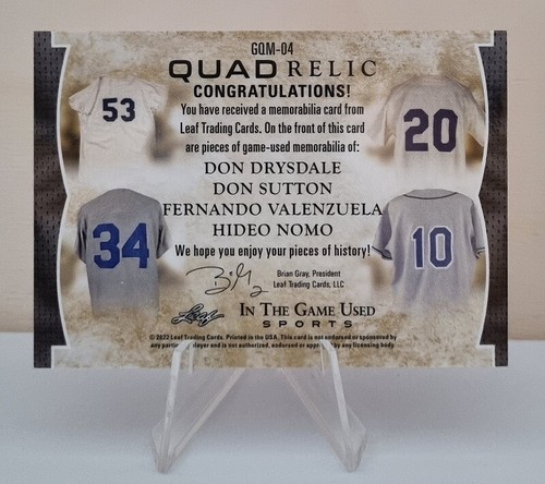 2022 Leaf In The Game Used Quad Relic Drysdale Sutton Valenzuela Nomo 33/35 - Bild 2 von 2