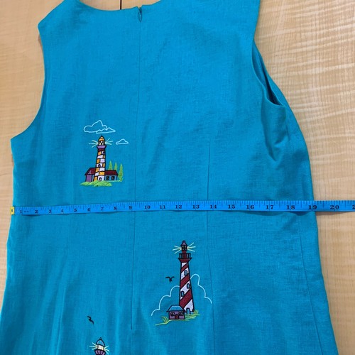 Vestido Vintage Lino Bordado 12 14 XL Faros Cremallera Náutica Azul Teal - Imagen 18 de 24