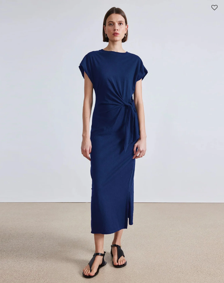 NWOT Apiece Apart Vanina Cinched Waist Dress Indigo XS Blue Cotton Midi Dress