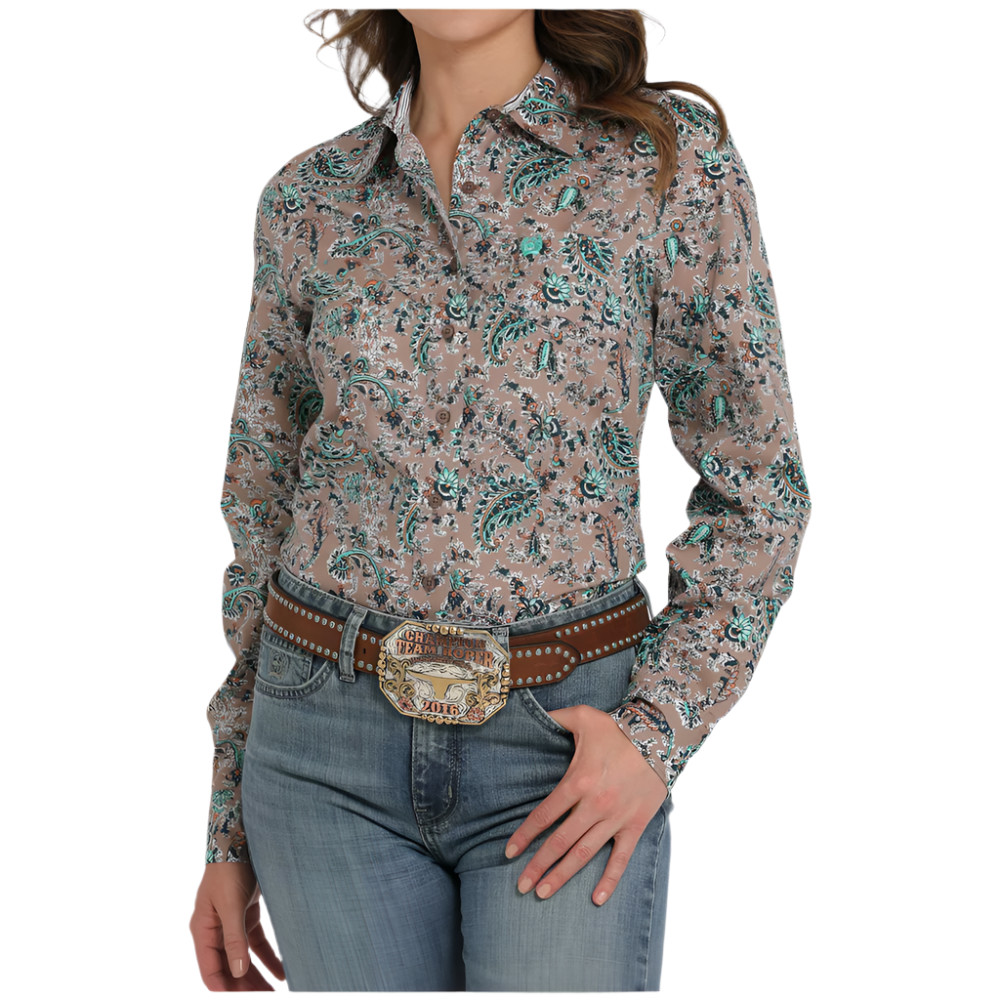 MSW9164246 Cinch Women&apos;s Brown Paisley Long Sleeve Buttondown Western Shirt NEW