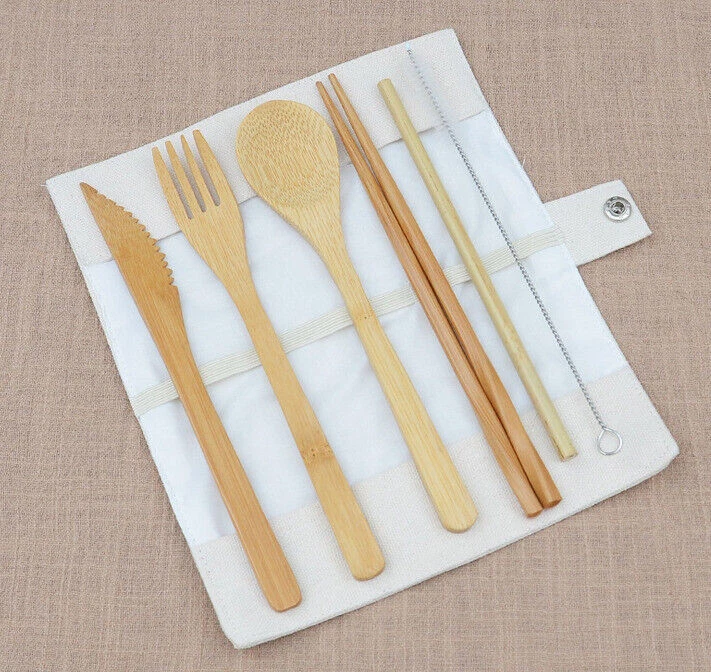 Portable Bamboo Cutlery Travel Fork Spoon Straw Brush Flatware Set With Pouch - Изображение 2 из 4