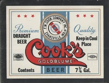 COOKS GOLDBLUME PREMIUM DRAUGHT BEER LABEL 7 3/4 GAL { NOS } { UNUSED }